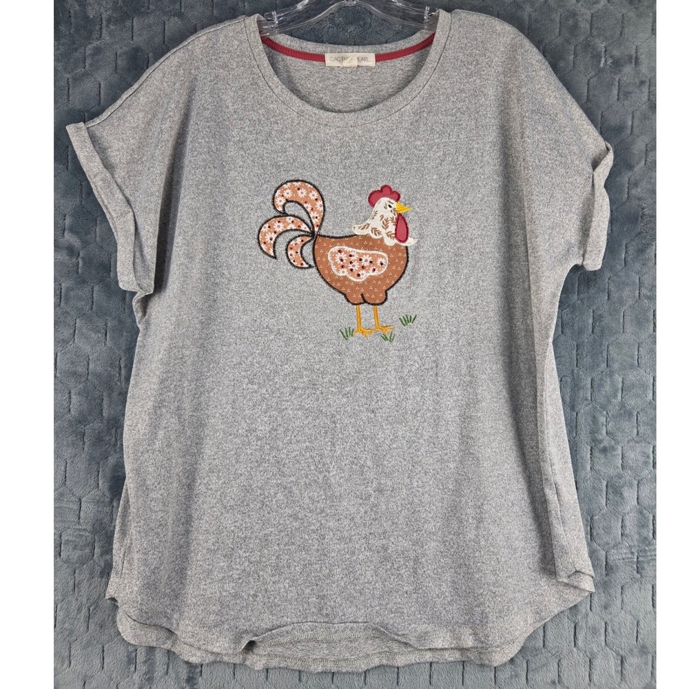 Cactus + Pearl Womens XL Gray Embroidered Chicken Rooster‎ Graphic Tee Shirt